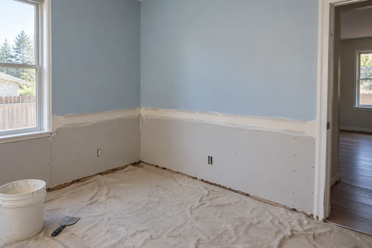 Replacement drywall along the lower walls, with the upper wall finish retained.