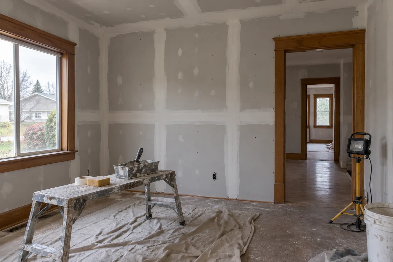 Unpainted drywall with compound along wall and ceiling joints and fasteners.